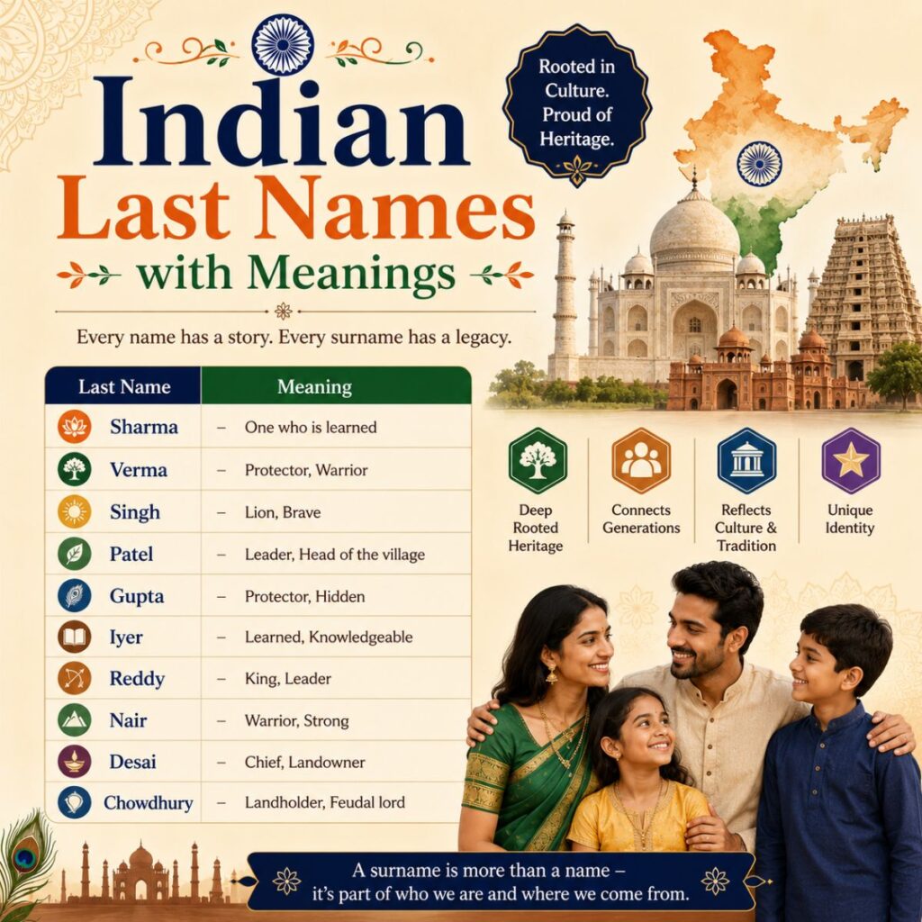 Indian last names with meanings infographic featuring surname meanings, Indian family, cultural landmarks, and heritage symbols.