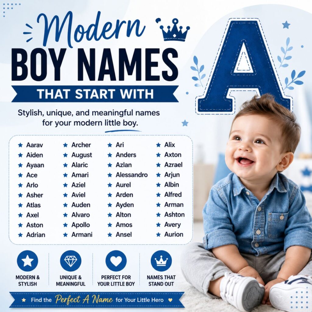 Modern boy names that start with A featuring a smiling baby and stylish A name ideas in a clean square design
