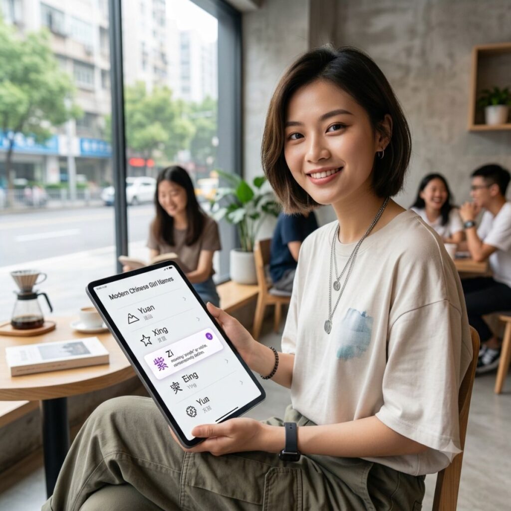 Young Asian woman holding a tablet showing a list of modern Chinese girl names in a cafe setting.