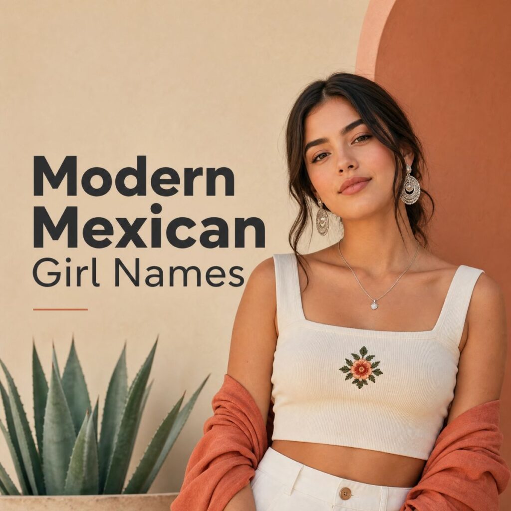 Modern Mexican girl names text with a stylish woman in a trendy outfit and desert-inspired background.
