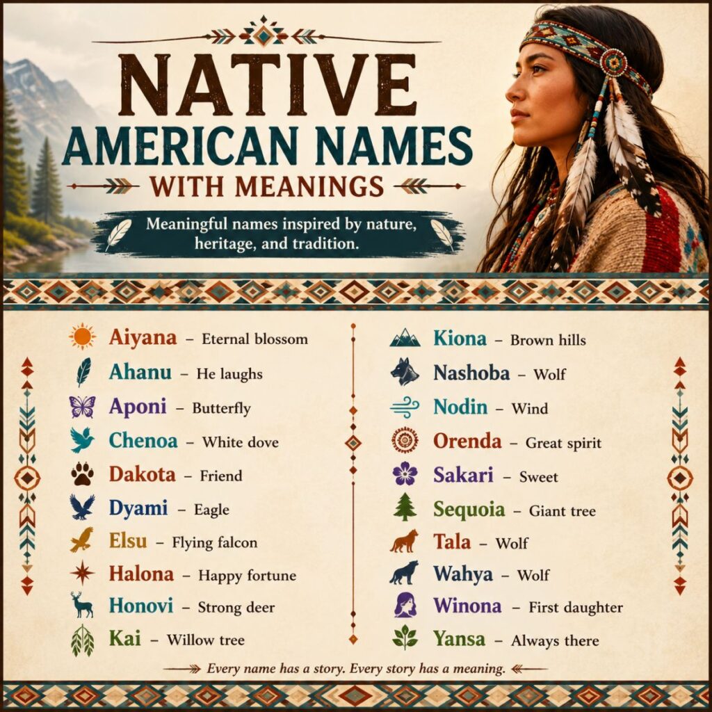 Native American names with meanings infographic featuring meaningful Indigenous-inspired baby names and cultural symbolism