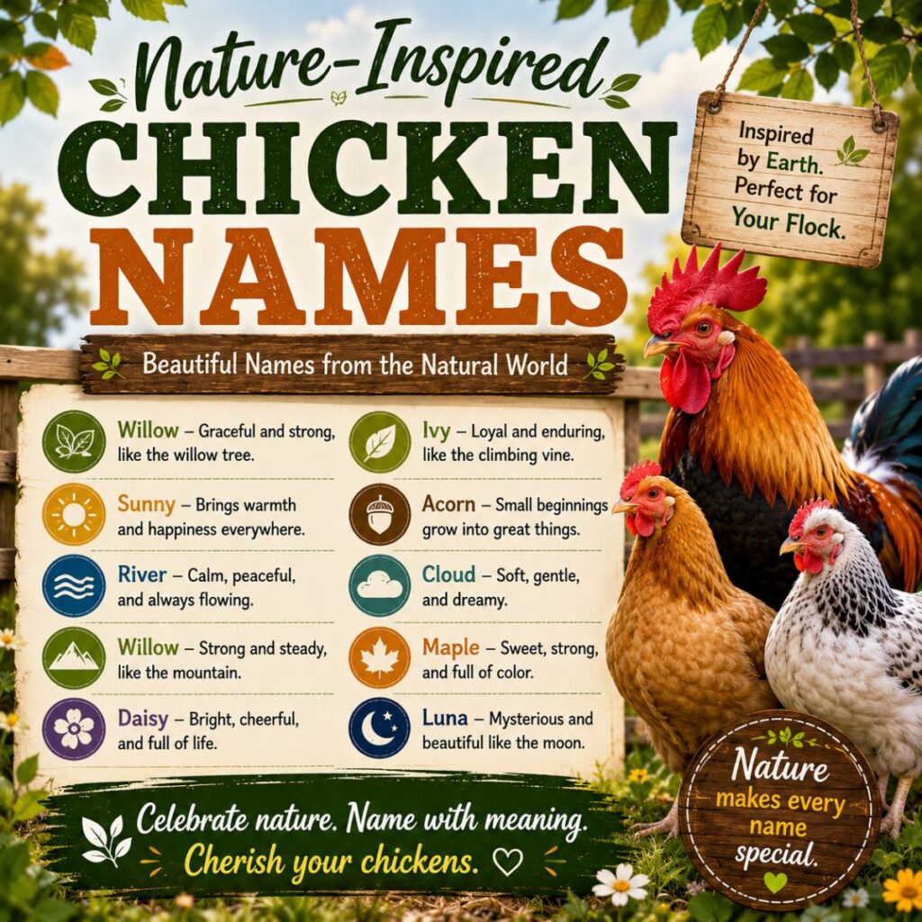 Nature-inspired chicken names infographic with hens, rooster, and creative nature-themed name ideas for backyard chickens