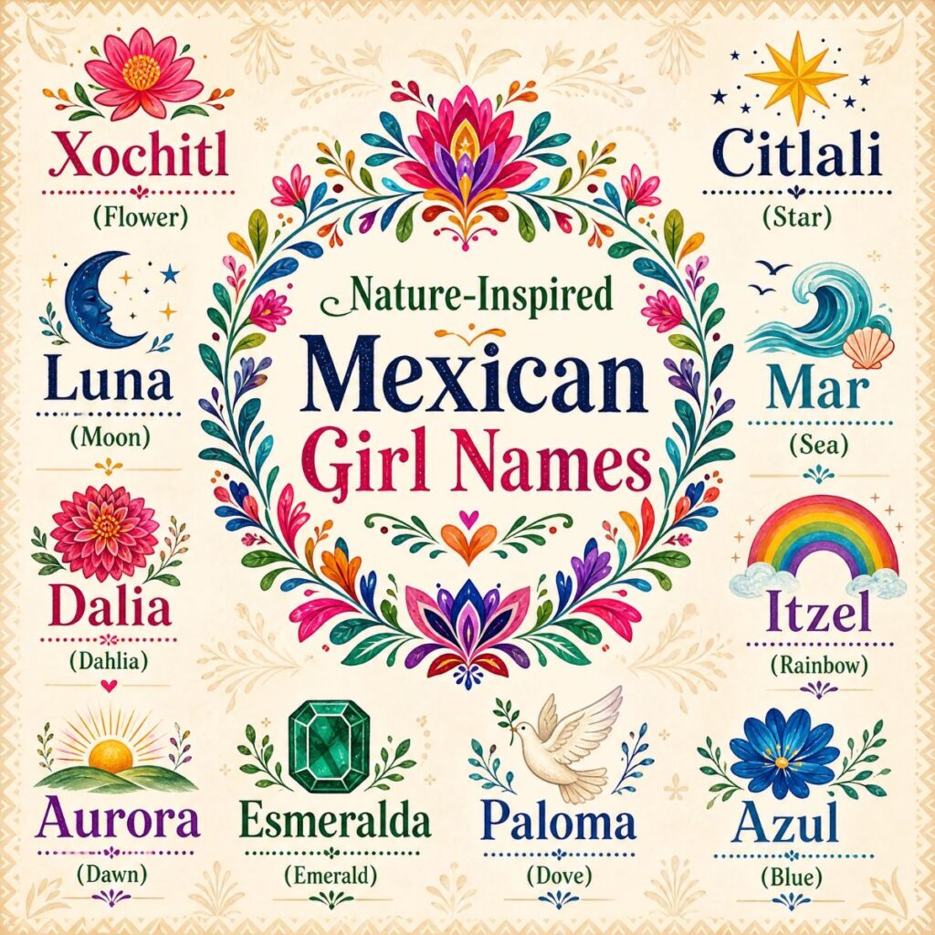 Infographic of nature-inspired Mexican girl names like Xochitl and Luna with floral folk art illustrations.