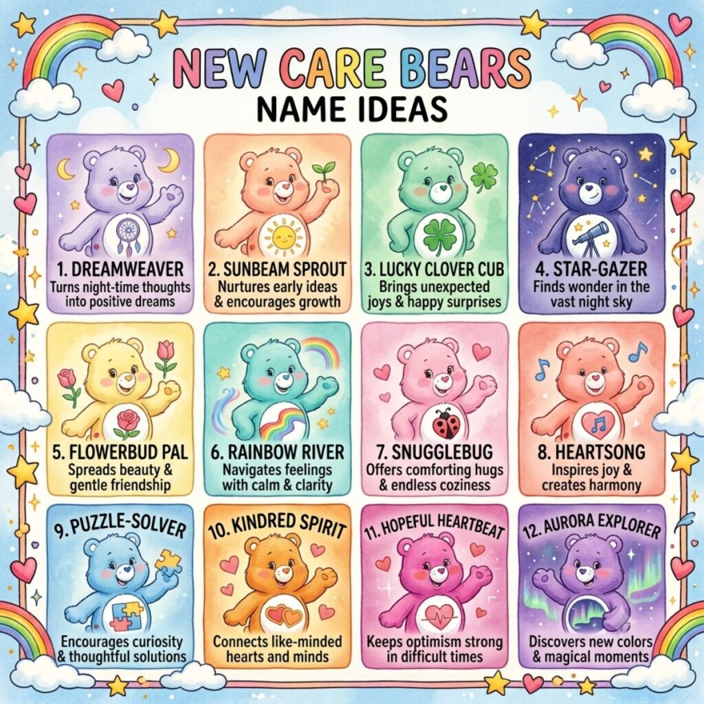 Infographic of 12 original custom Care Bears with new names, belly badges, and positive meanings.