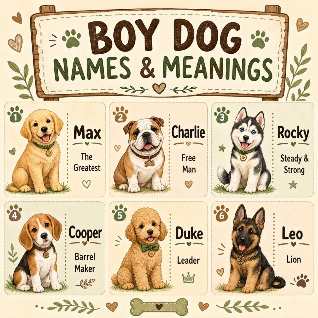 Infographic of boy dog names and meanings with cute puppy illustrations for pet owners.
