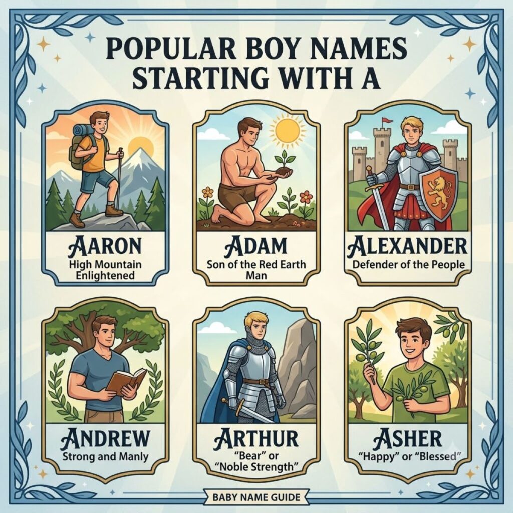 Illustrated guide showing popular boy names starting with A along with their meanings.