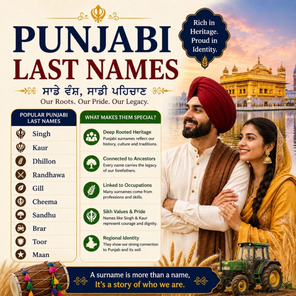 Punjabi last names infographic featuring Sikh family, Golden Temple, popular Punjabi surnames, and Punjab cultural heritage.
