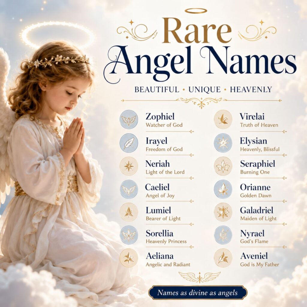 Rare angel names infographic with a praying angel child and beautiful heavenly baby names with meaningful inspirations