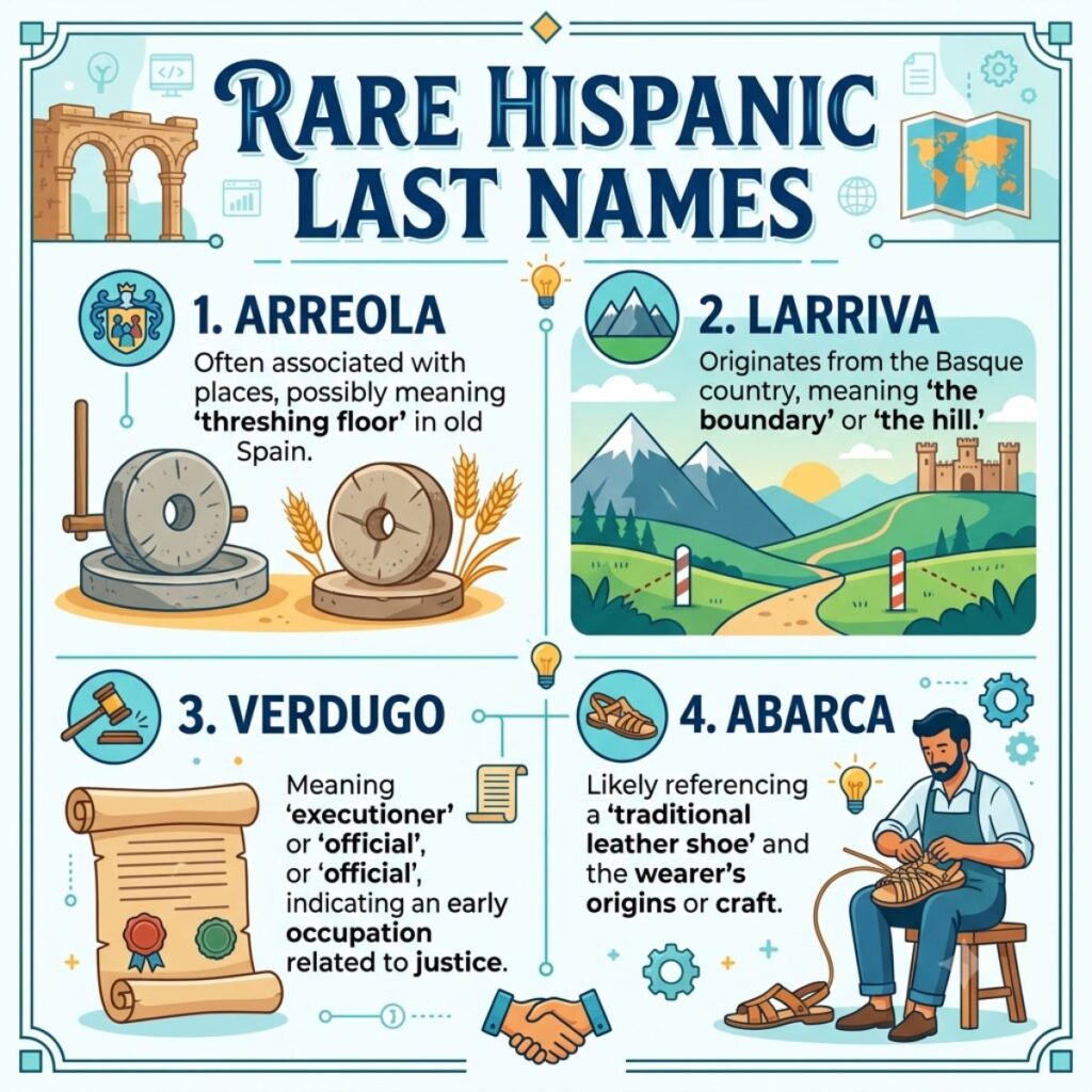 Infographic explaining rare Hispanic last names like Arreola and Larriva along with their historical origins.
