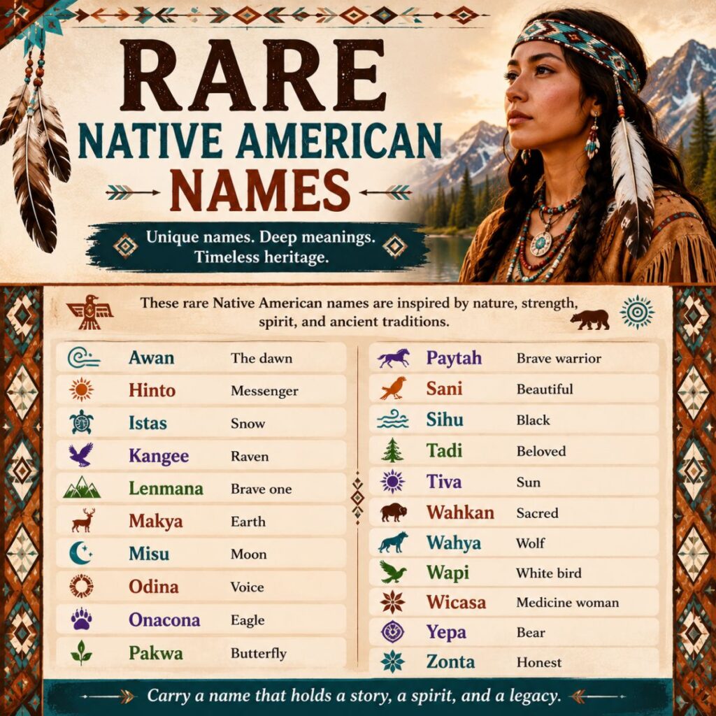 Rare Native American names infographic featuring unique Indigenous-inspired names with meanings and nature-themed artwork