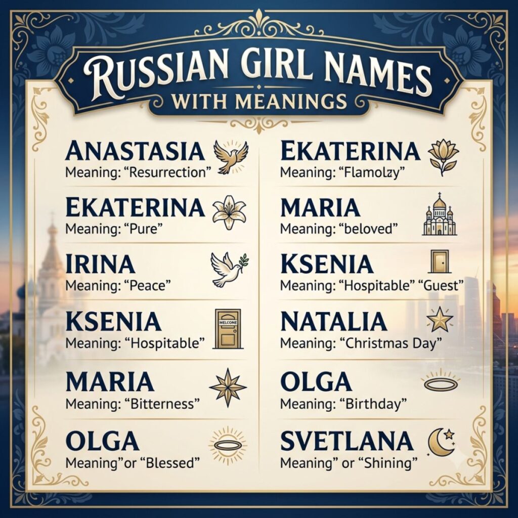 Infographic listing popular Russian girl names like Anastasia and Irina alongside their traditional meanings