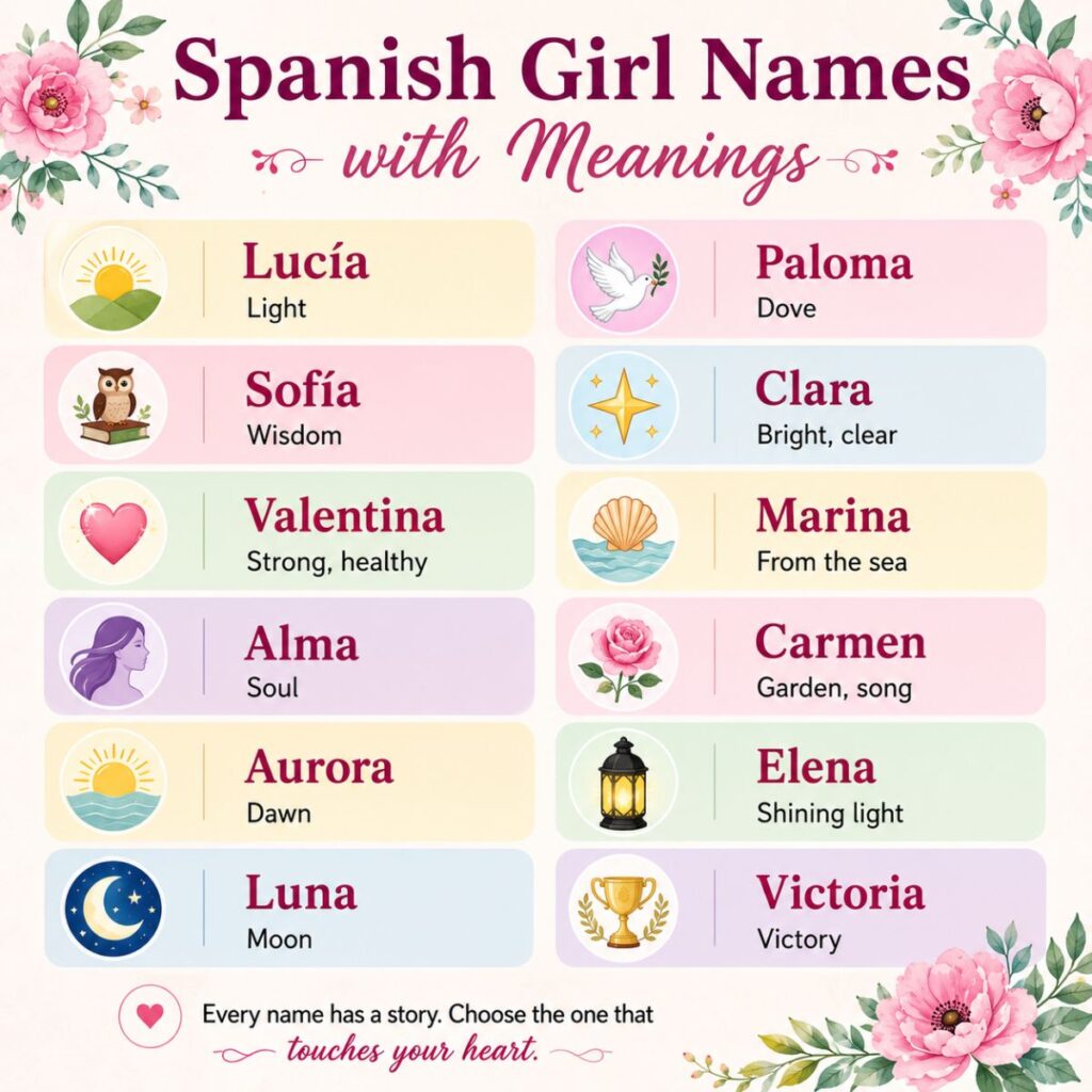 Spanish girl names with meanings infographic featuring beautiful baby names like Lucía, Sofía, Luna, Alma, and Valentina