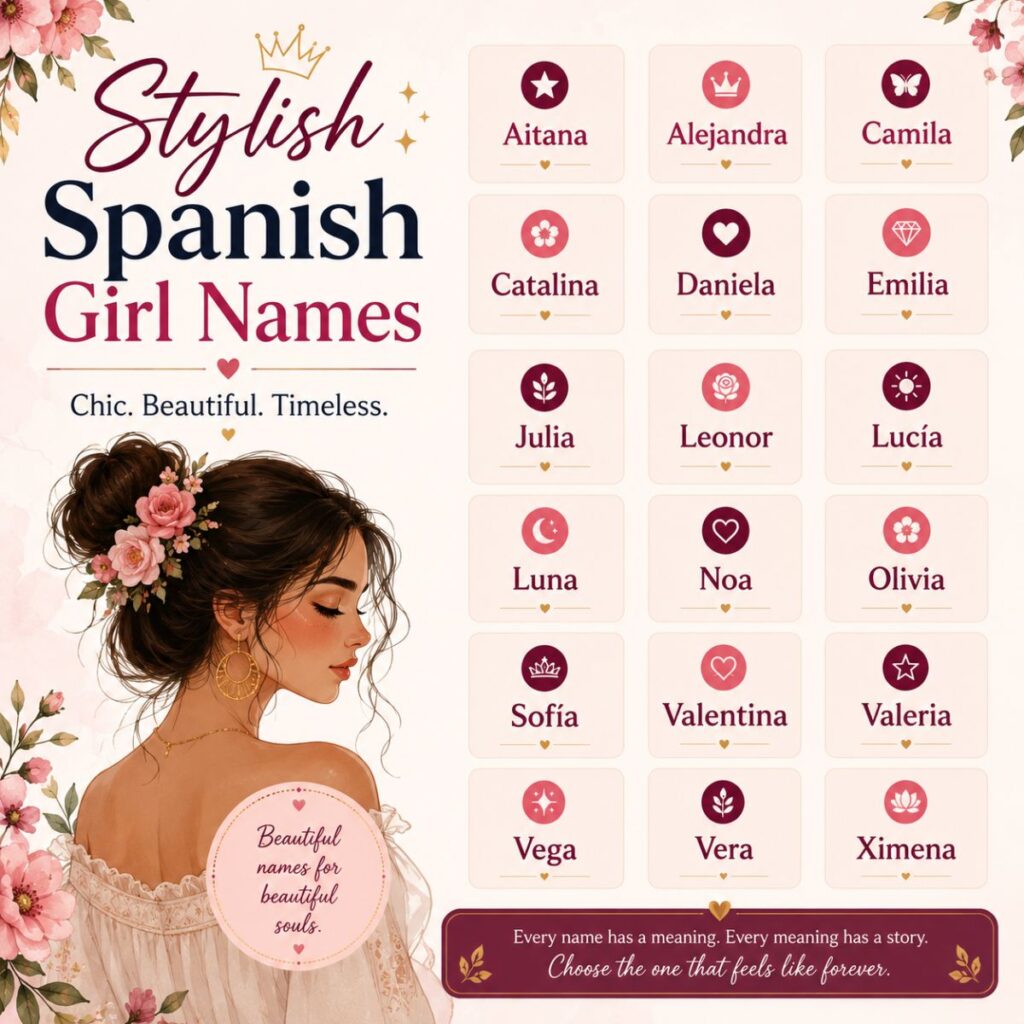 Stylish Spanish girl names infographic featuring elegant baby name ideas including Aitana, Lucía, Sofía, Valentina, and Vega