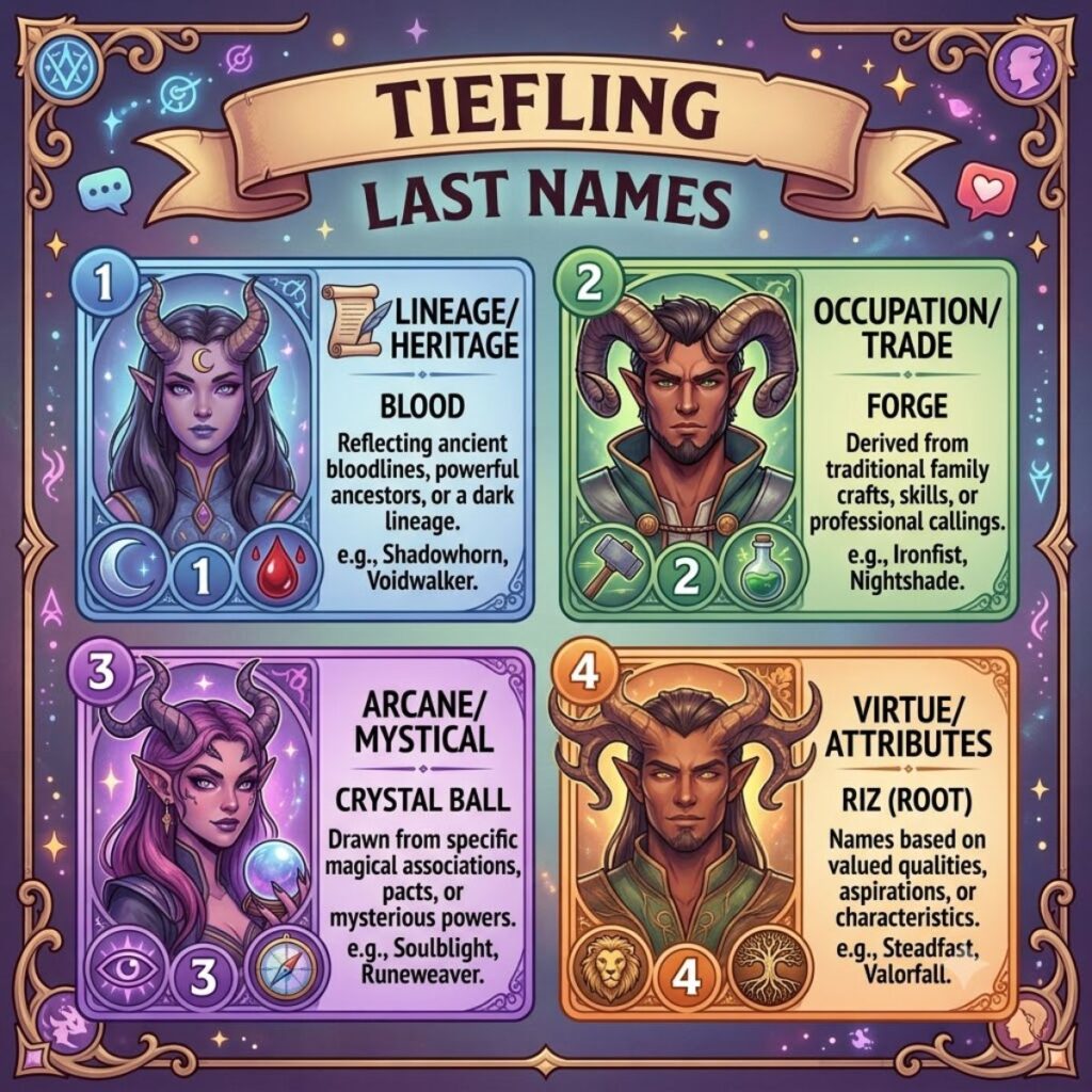 Fantasy infographic listing 4 categories of Tiefling last names including Lineage, Trade, Arcane, and Virtue.