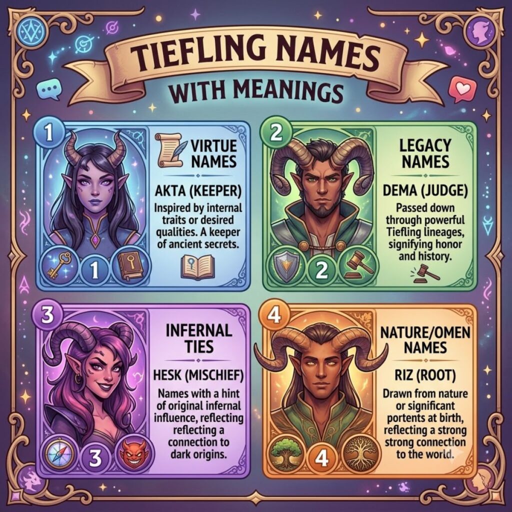 Infographic showing 4 categories of Tiefling names with meanings: Virtue, Legacy, Infernal, and Nature names.