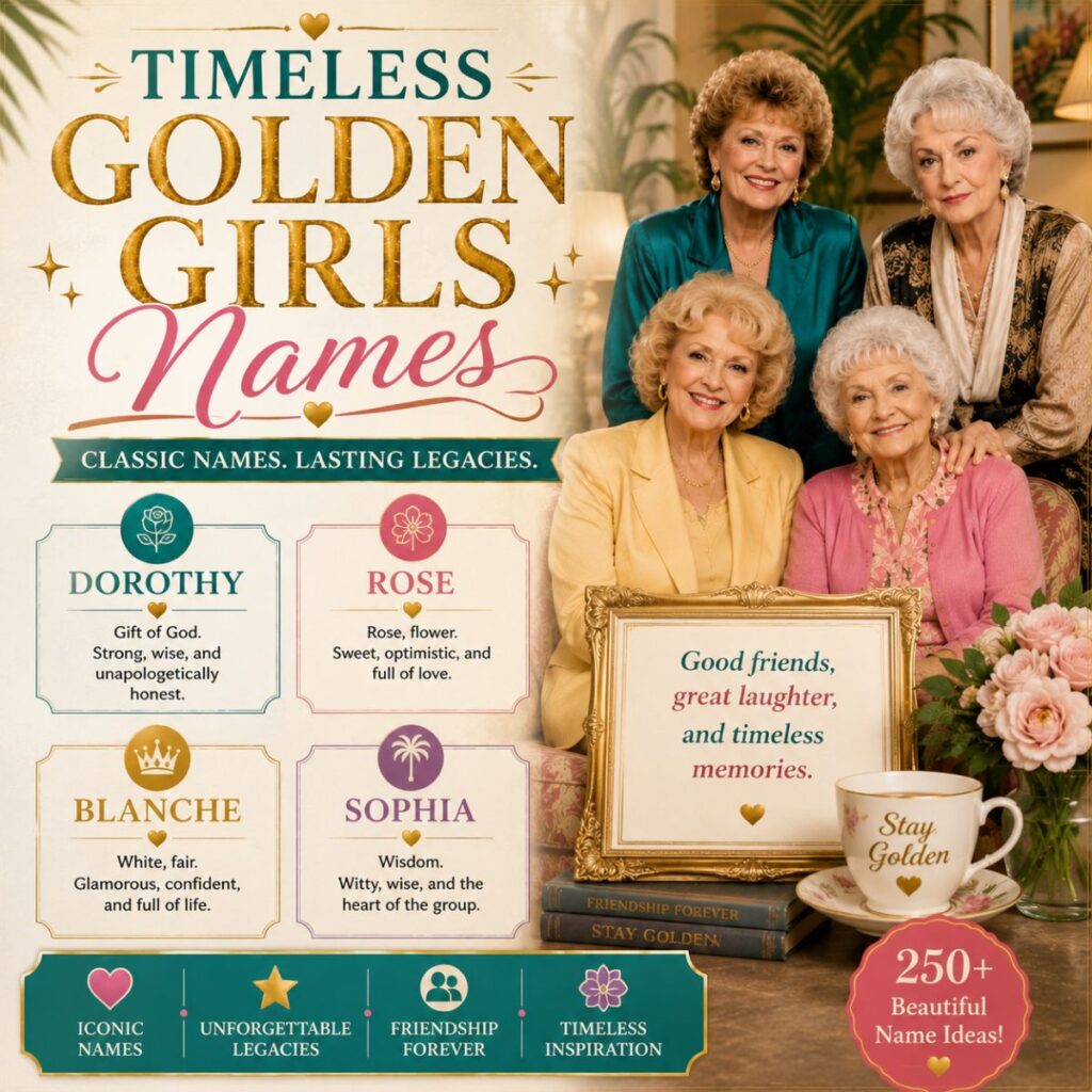 Timeless Golden Girls names featuring iconic characters, vintage style, and classic name inspiration.