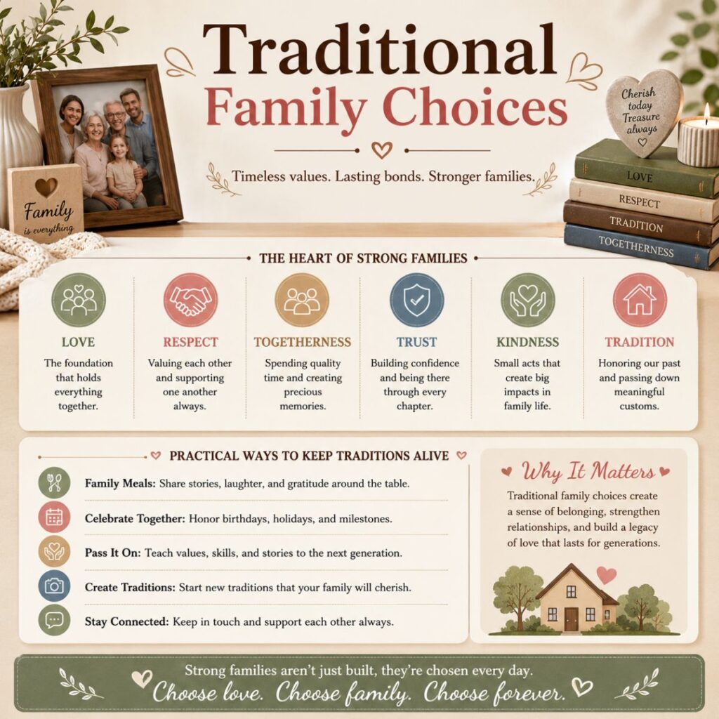 Traditional family choices infographic highlighting timeless values, family traditions, love, trust, and togetherness
