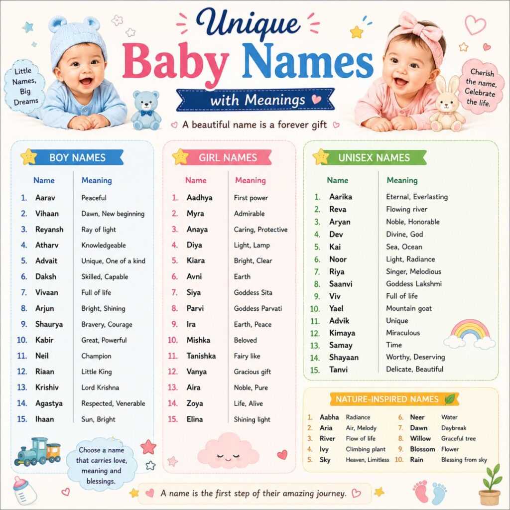 Unique baby names with meanings infographic featuring boy, girl, unisex, and nature-inspired baby name ideas.