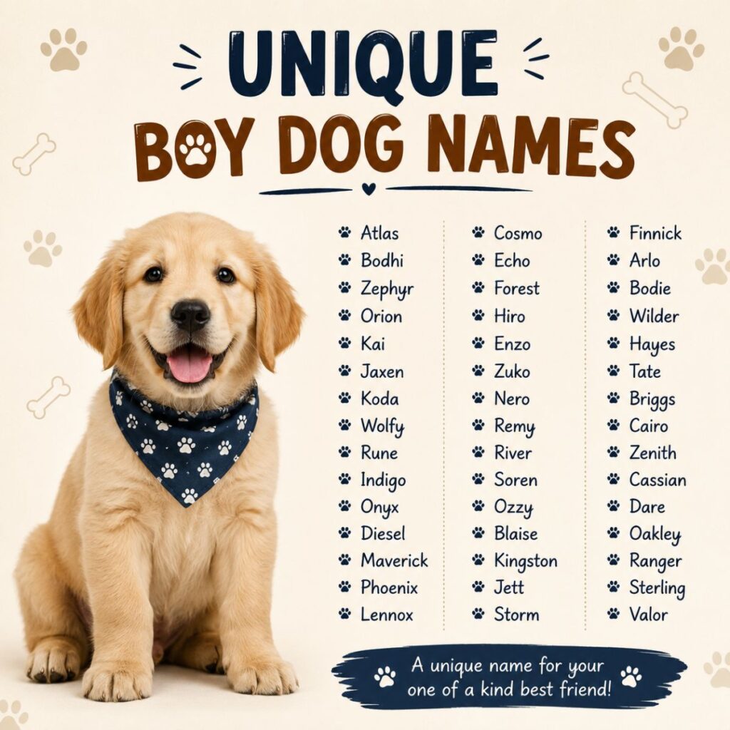 Unique boy dog names infographic featuring a cute Golden Retriever puppy and a curated list of creative male puppy names.