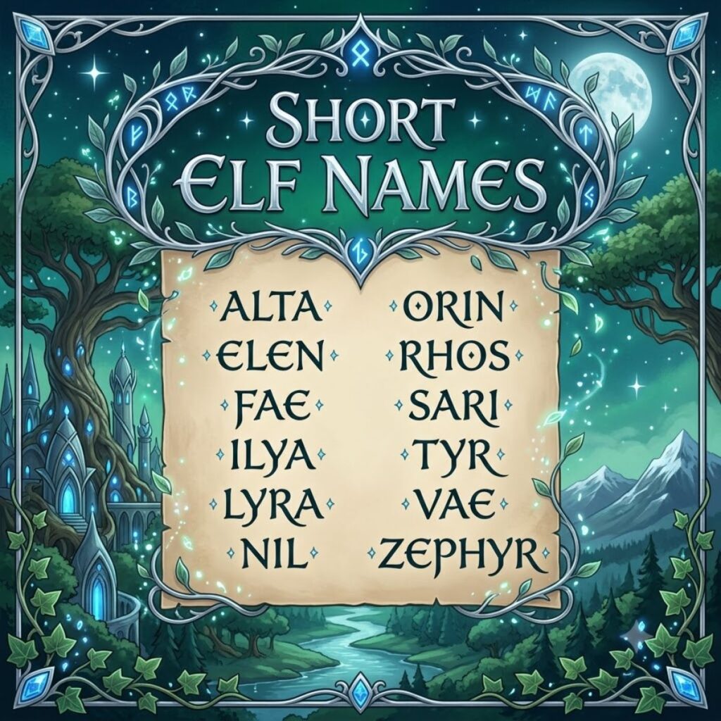 List of short fantasy elf names displayed on a scroll set against an enchanted forest background.