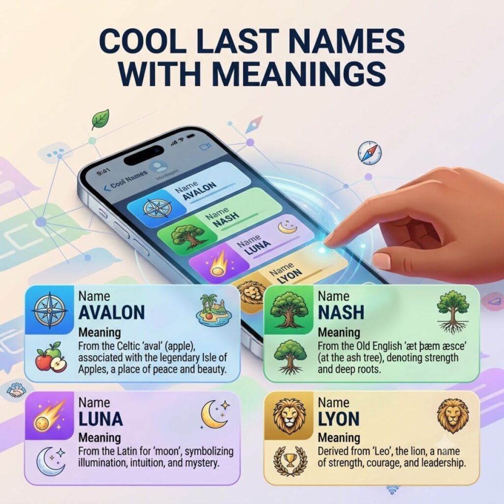 Infographic displaying cool last names like Avalon, Nash, Luna, and Lyon alongside their origins and meanings.