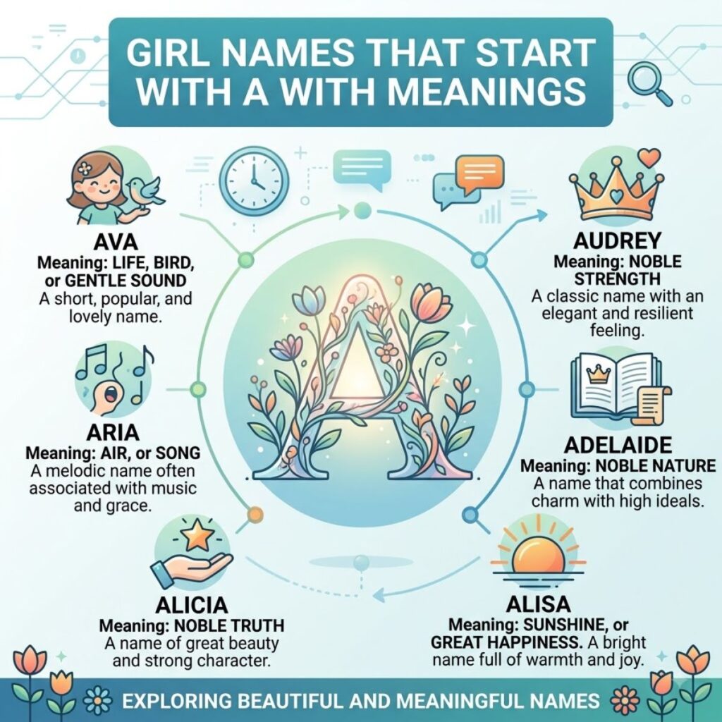 Infographic displaying baby girl names starting with A along with their origins and meaningful definitions.