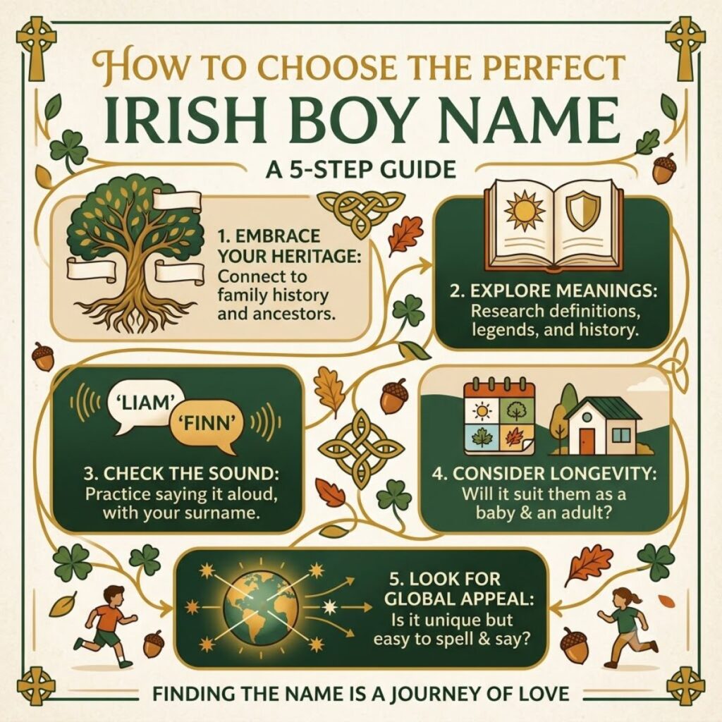 Guide on how to choose the perfect Irish boy name featuring five simple steps in Celtic design.