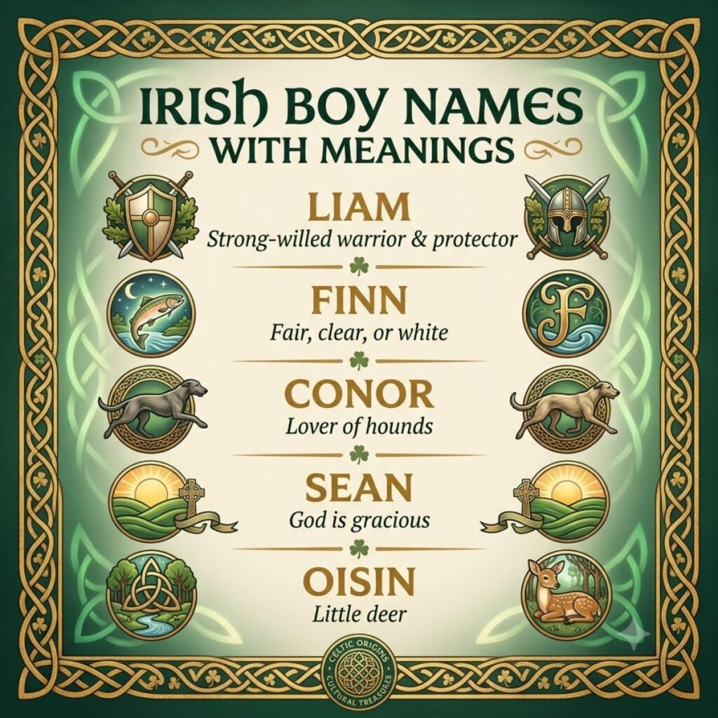 Irish boy names with meanings guide featuring Celtic knotwork and traditional icons.