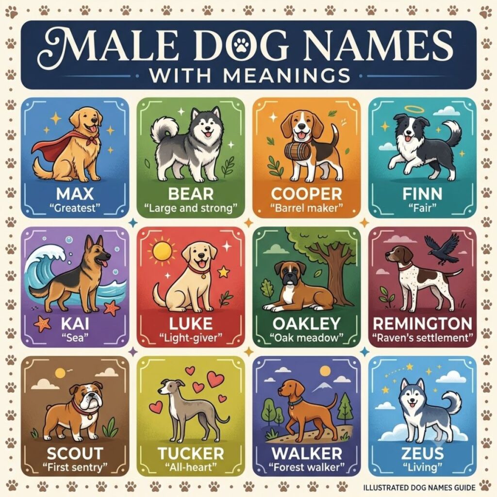 Illustrated guide of popular male dog names with their meanings featuring various dog breeds.