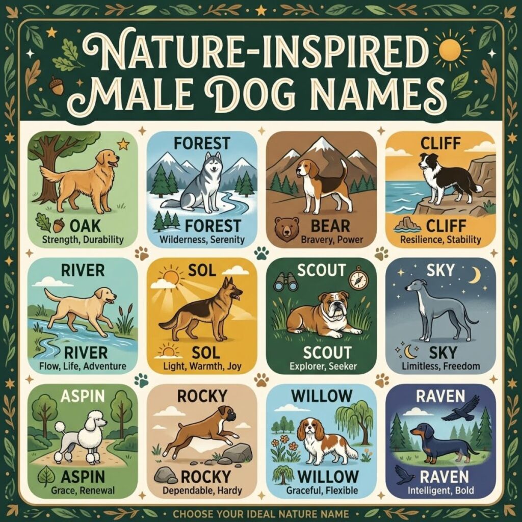Illustrated guide of nature-inspired male dog names like Oak, Forest, River, and Sol, with meanings.