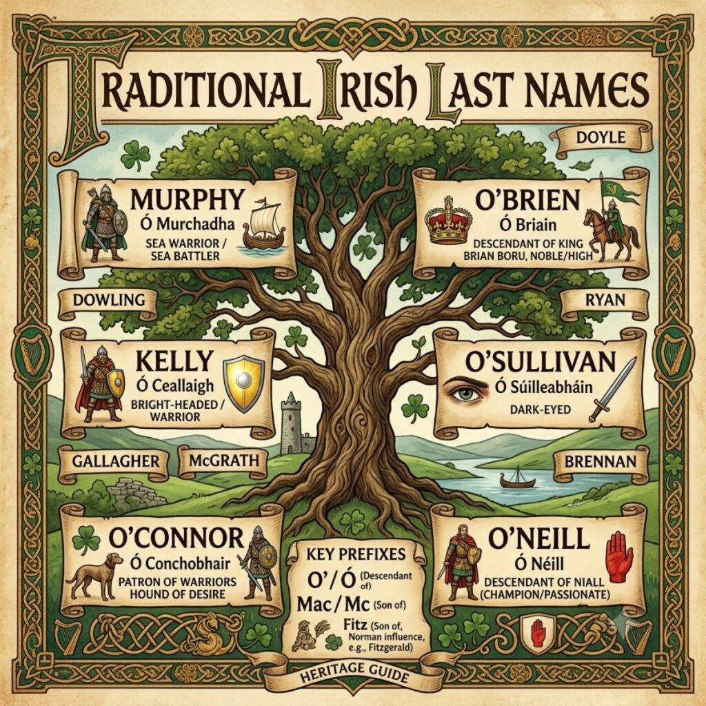 Illustrated guide to traditional Irish last names, Gaelic spellings, and meanings with Celtic artwork.