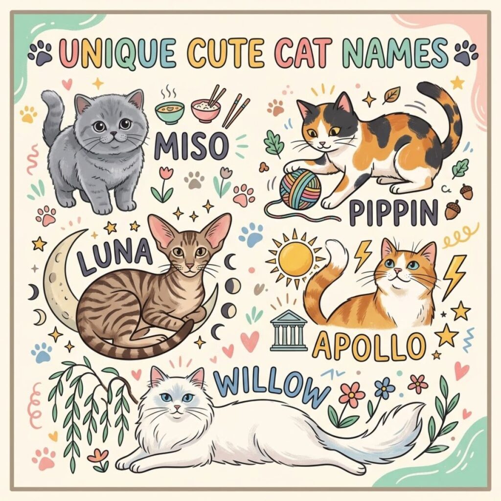 Illustrated guide showing adorable kittens with unique cat names like Miso, Pippin, Luna, Apollo, and Willow.