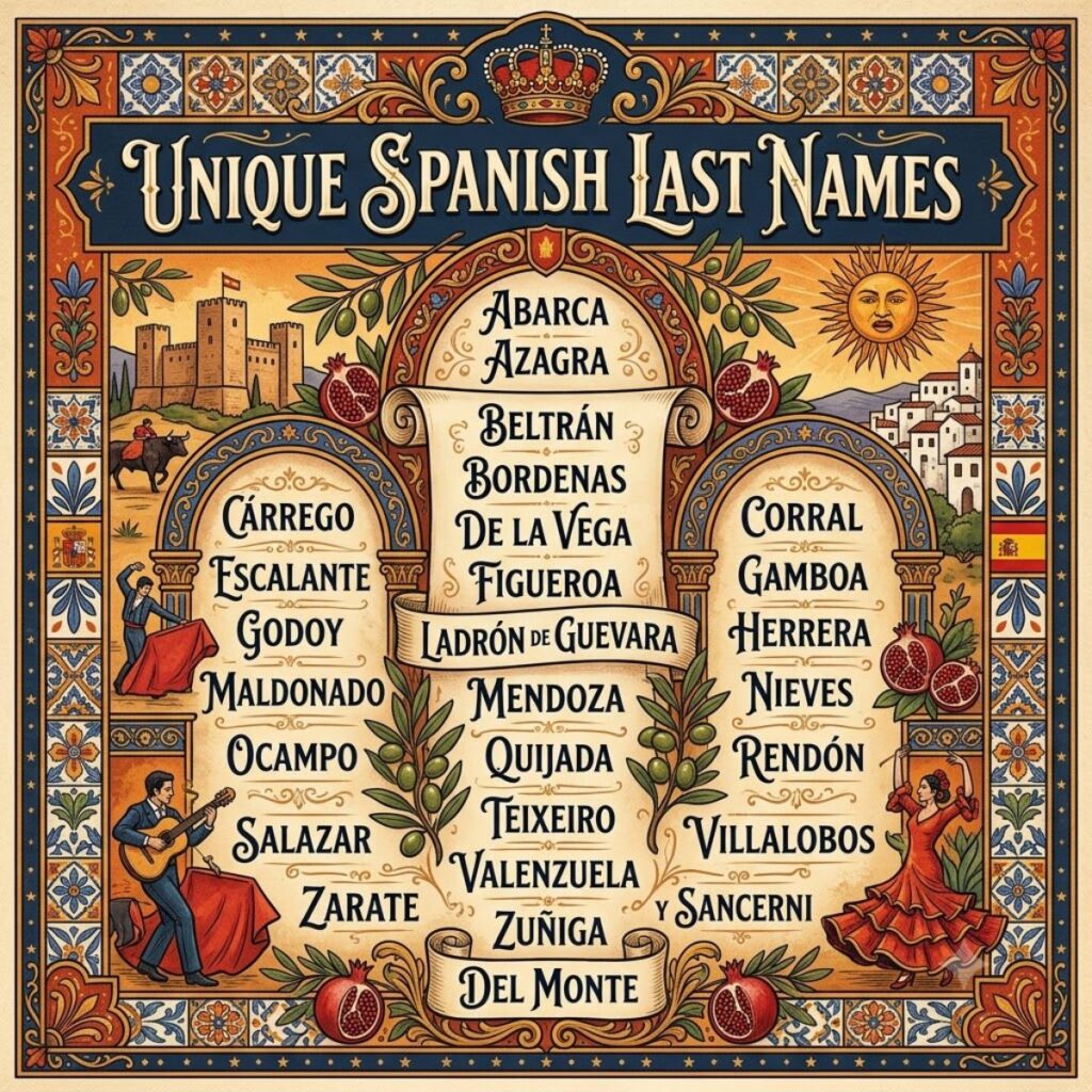 Decorative artwork displaying unique Spanish last names framed by traditional Spanish motifs and illustrations.