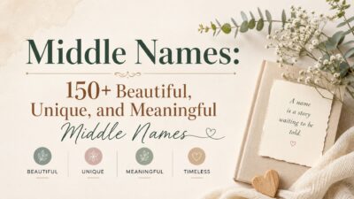 Elegant banner featuring the title “150+ Beautiful, Unique, and Meaningful Middle Names” with soft botanical decor and a vintage book.