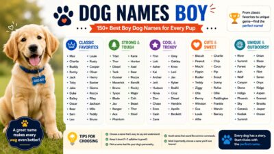 Boy dog names infographic with 150+ male puppy name ideas, including classic, strong, cute, and unique options