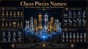 Infographic of 100+ classic, historical, and fantasy chess piece names on a glowing holographic board.