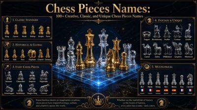 Infographic of 100+ classic, historical, and fantasy chess piece names on a glowing holographic board.