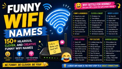 Funny WiFi names infographic with 150+ hilarious, clever, and creative network name ideas and a WiFi router illustration.