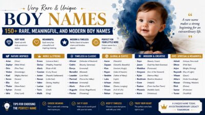 Very rare unique boy names infographic featuring 150+ meaningful, modern baby boy names with categories and a smiling baby.