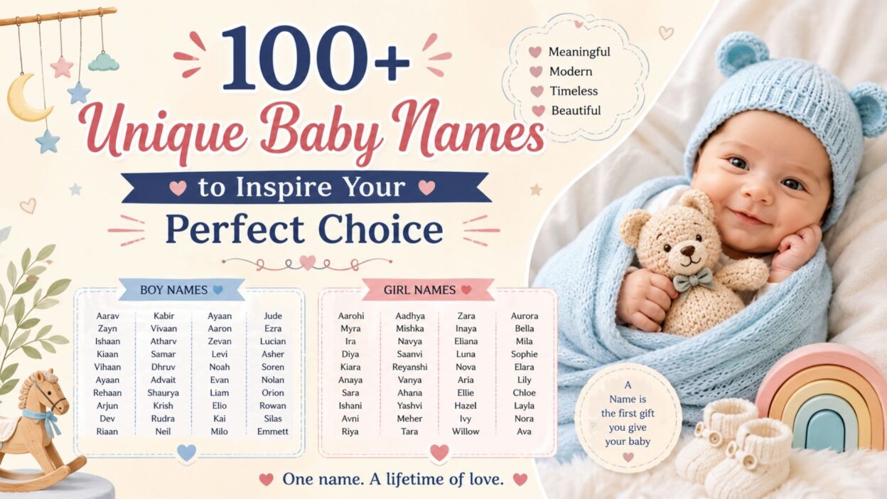 100+ unique baby names infographic with adorable baby, meaningful boy and girl names, and soft nursery-themed design.