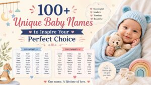 100+ unique baby names infographic with adorable baby, meaningful boy and girl names, and soft nursery-themed design.