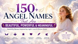 150+ angel names featuring a heavenly child angel, clouds, and meaningful name categories in a serene sky background