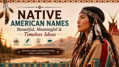 Native American names banner featuring a traditional Indigenous-inspired portrait with meaningful and timeless name ideas