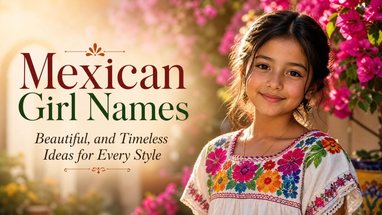 Young Mexican girl in traditional floral dress smiling in a sunlit garden with Mexican girl names text overlay.