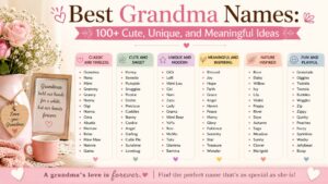 Best grandma names infographic featuring 100+ cute, unique, classic, and meaningful grandmother name ideas