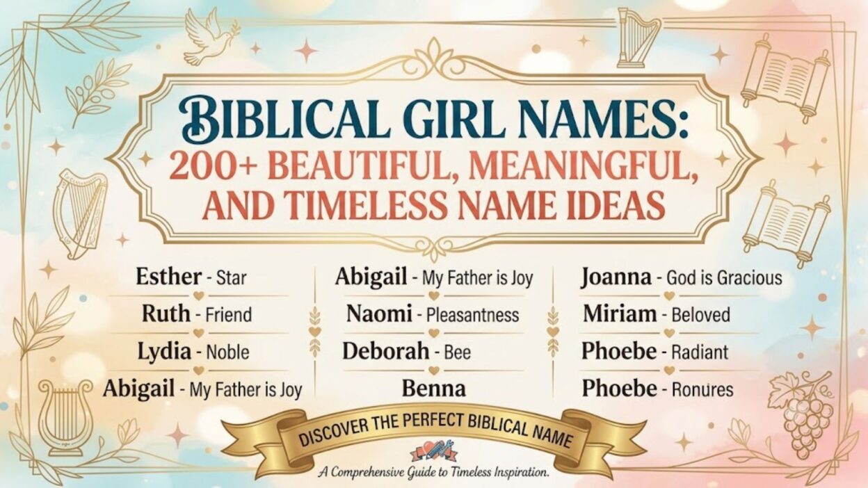 Graphic displaying 200+ biblical girl names with meanings surrounded by elegant gold scrolls and harps.