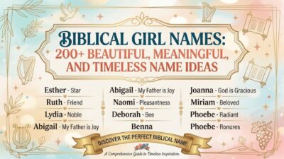Graphic displaying 200+ biblical girl names with meanings surrounded by elegant gold scrolls and harps.