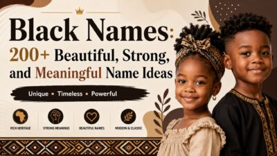 Black names guide featuring beautiful, strong, and meaningful name ideas with African-inspired design and smiling children