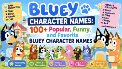 Bluey character names guide featuring Bluey family, friends, and 100+ popular, funny, and favorite Bluey characters