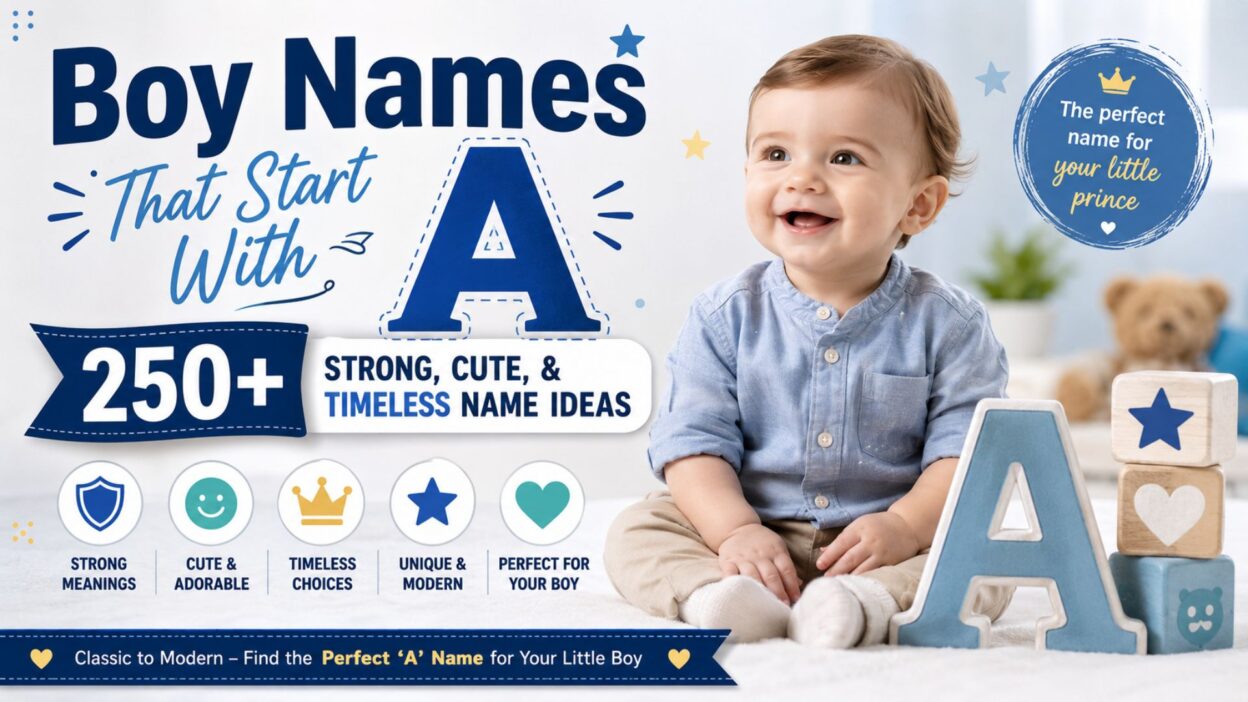 Smiling baby with letter A and boy names that start with A featuring 250+ strong, cute, and timeless name ideas